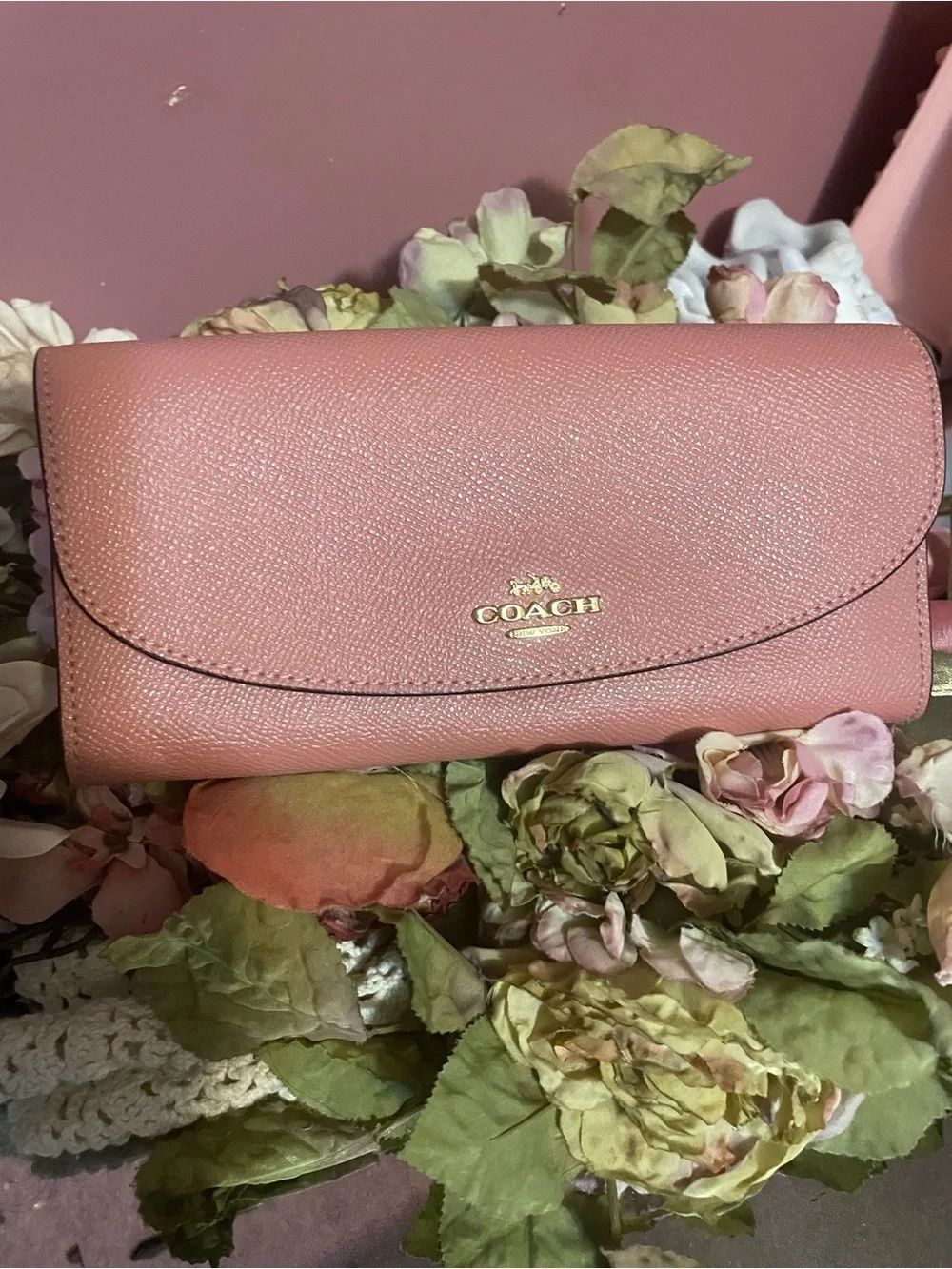 Coach Blush Pink Saffiano crossgrain Leather slim envelope Wallet